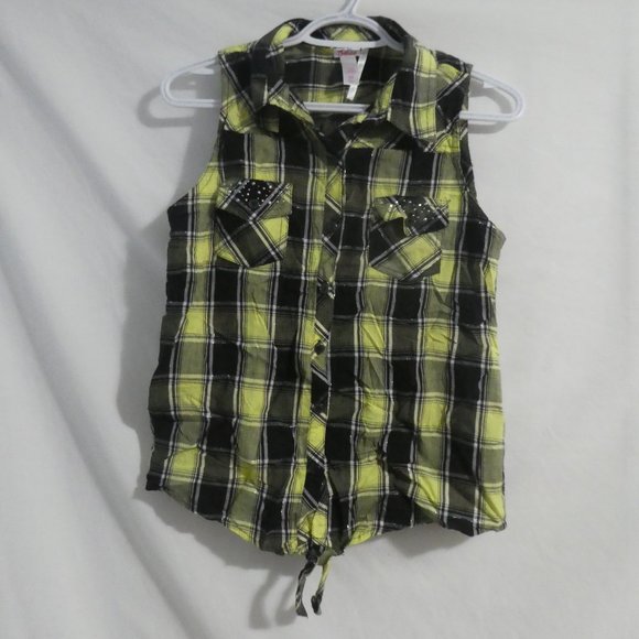 JUSTICE | size 20 | button down plaid tank | tie waist | silver rhinestones - Picture 1 of 15